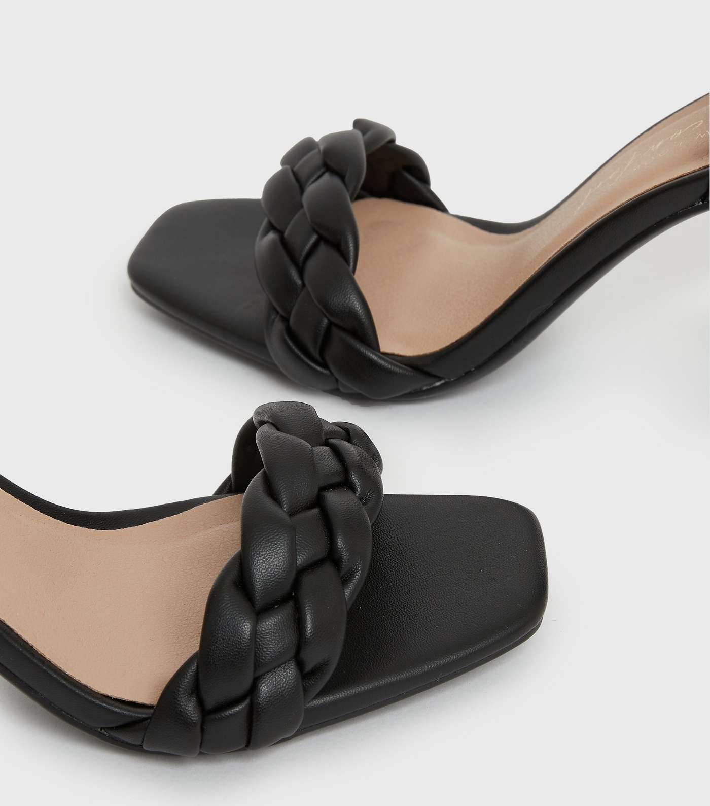 Black Leather-Look Plaited 2 Part Block Heel Sandals Image 4