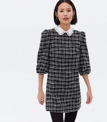 Black Check Jacquard Diamanté Collar Mini Dress