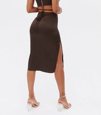 Click to view product details and reviews for Pink Vanilla Dark Brown Satin Midi Skirt New Look.