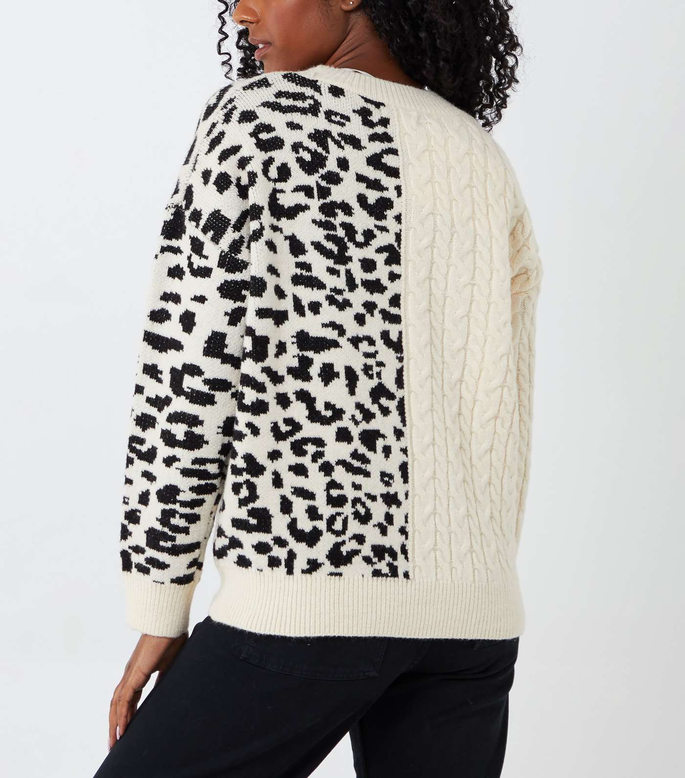 Blue Vanilla Off White Leopard Print Cable Knit Jumper Image 2