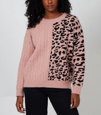 Blue Vanilla Pink Leopard Print Cable Knit Jumper New Look