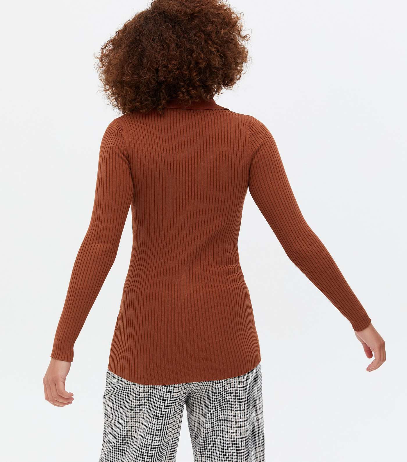 Rust Ribbed Knit Button Collared Long Top Image 4