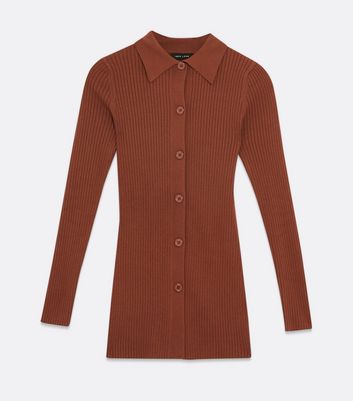 Damen Bekleidung Rust Ribbed Knit Button Collared Long Top