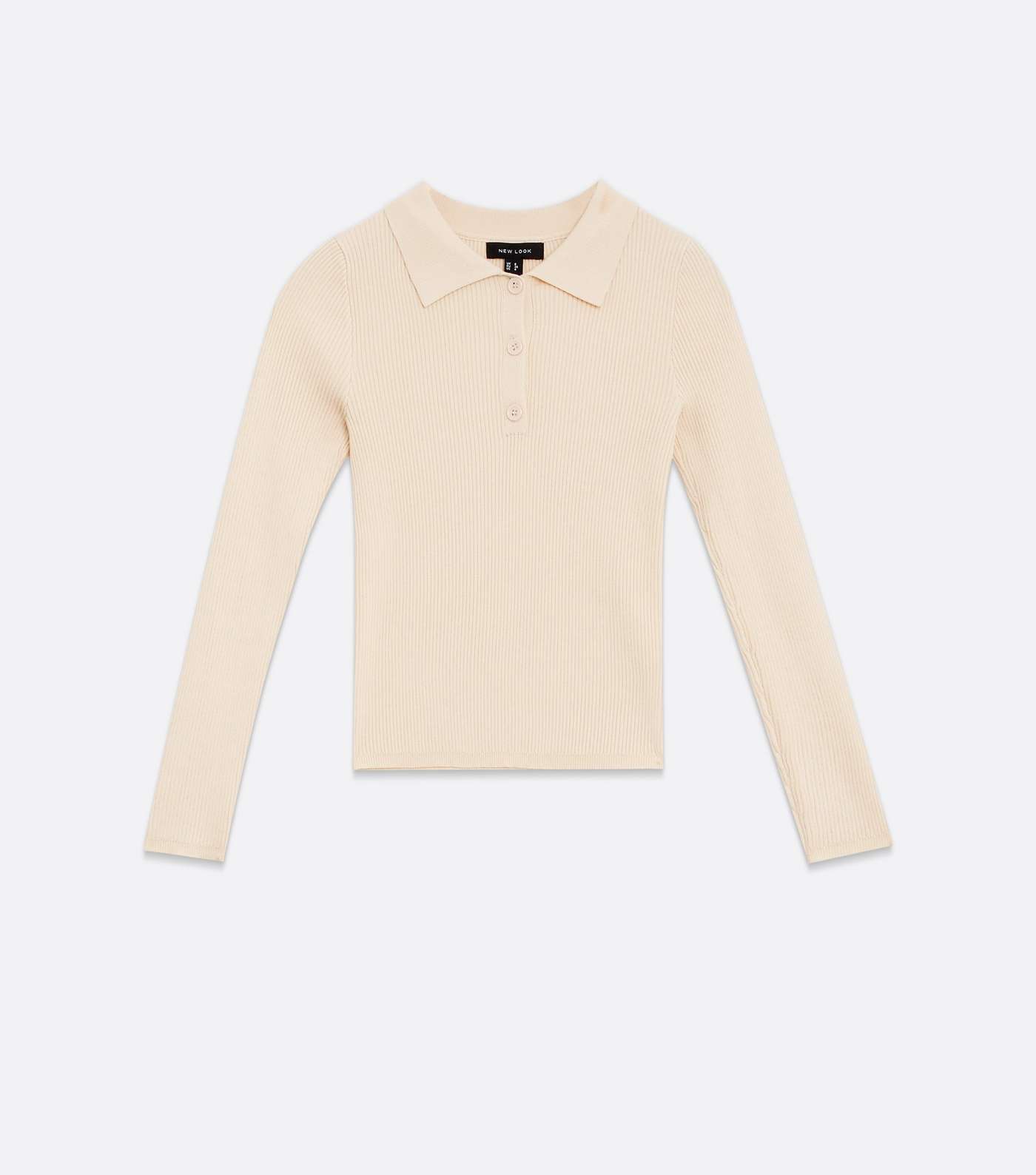 Off White Ribbed Knit Long Sleeve Button Polo Top Image 5
