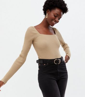 Camel Ribbed Knit Square Neck Long Sleeve Top | New Look