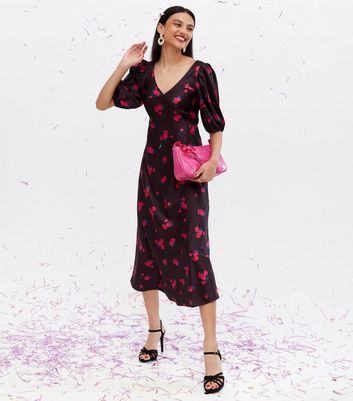 Black Floral Satin Midi Dress