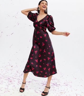 Black satin floral discount dress