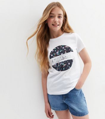 Teenager Bekleidung für Mädchen KIDS ONLY White Floral Rectangle Metallic Logo T-Shirt
