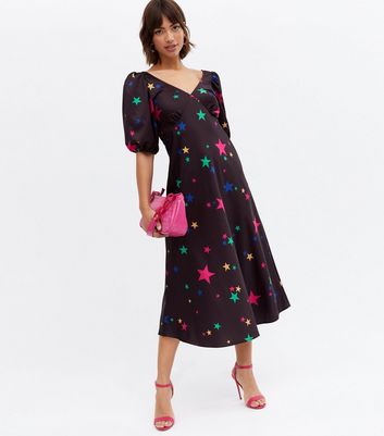 Black Star Satin Tie Back Midi Dress