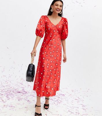 Red Shooting Star Satin Tie Back Midi Dress