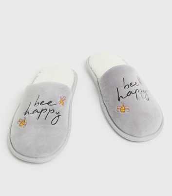 Girls Grey Bee Happy Embroidered Mule Slippers