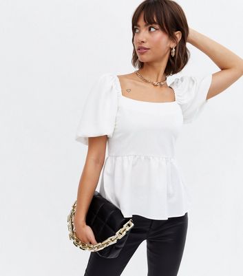 Off White Jacquard Square Neck Peplum Top | New Look