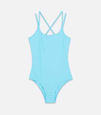 Girls Blue Strappy Back Swimsuit