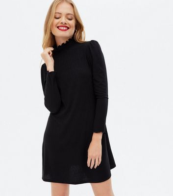 Black Ribbed Shirred High Neck Mini 