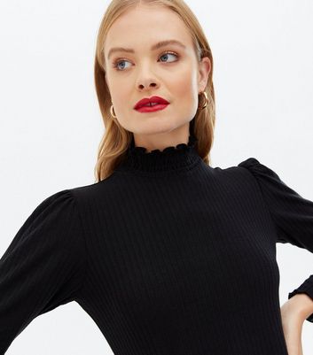 Black Ribbed Shirred High Neck Mini 