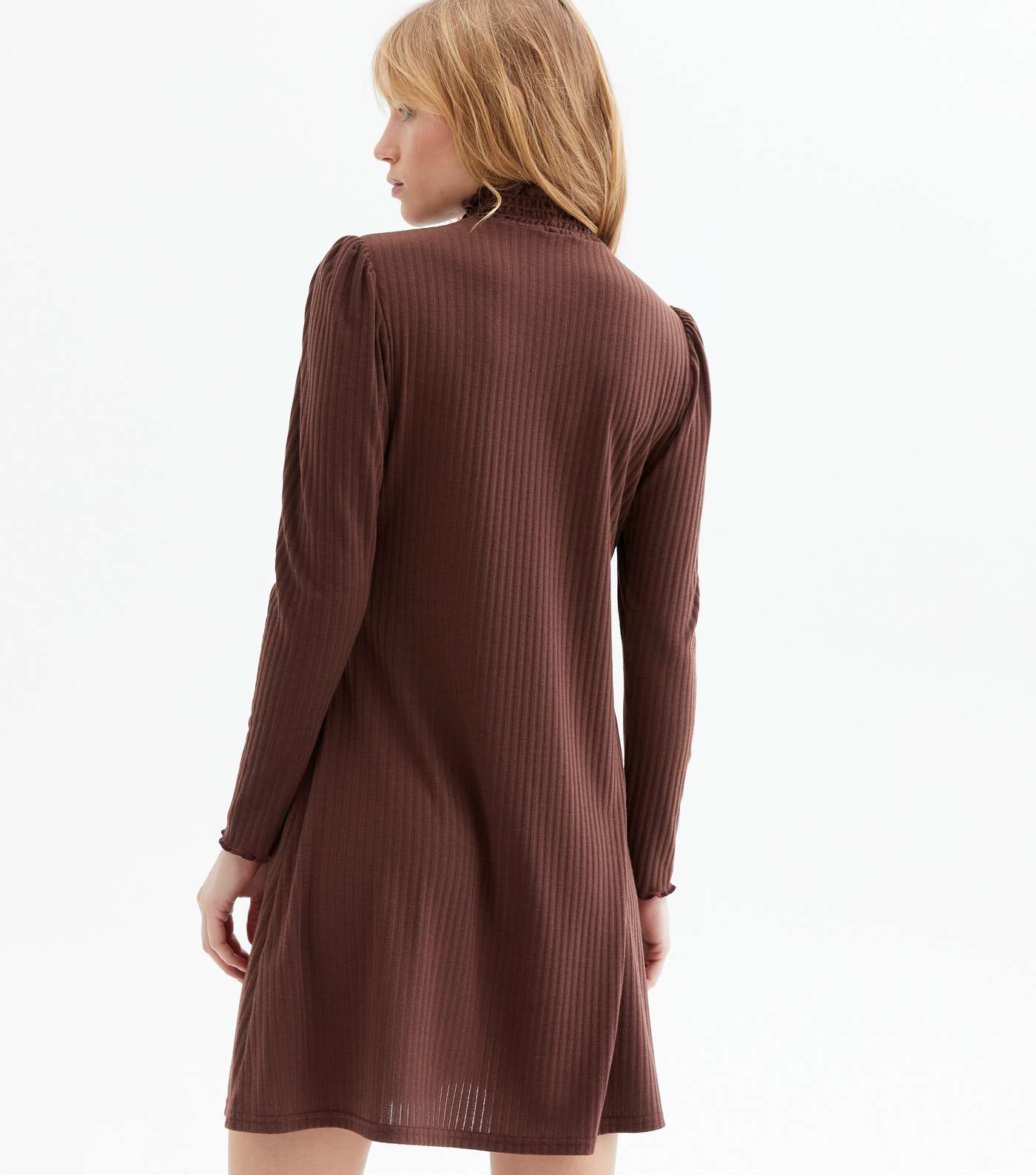 Dark Brown Ribbed Shirred High Neck Mini Dress Image 4