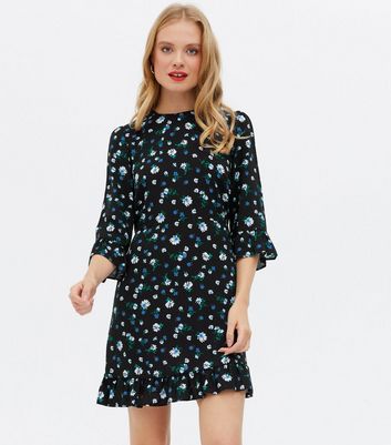 Black Floral Frill Mini Tea Dress