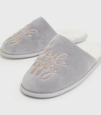 shop for Grey Smile Embroidered Mule Slippers New Look at Shopo