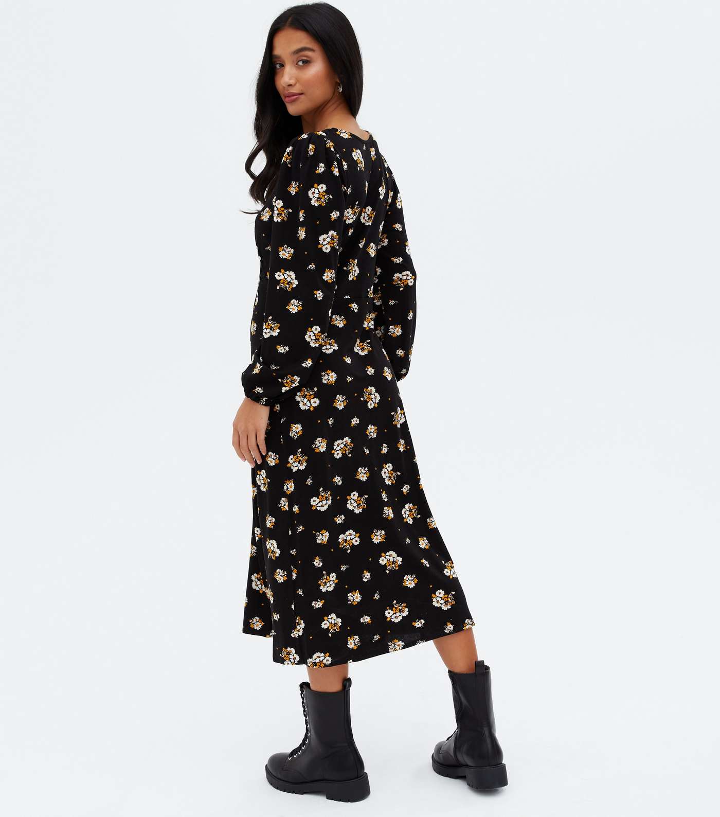 Petite Black Floral Lace Trim Split Hem Button Midi Dress Image 4