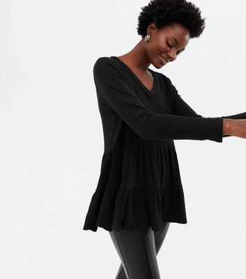 Black Ribbed Long Sleeve V Neck Peplum 