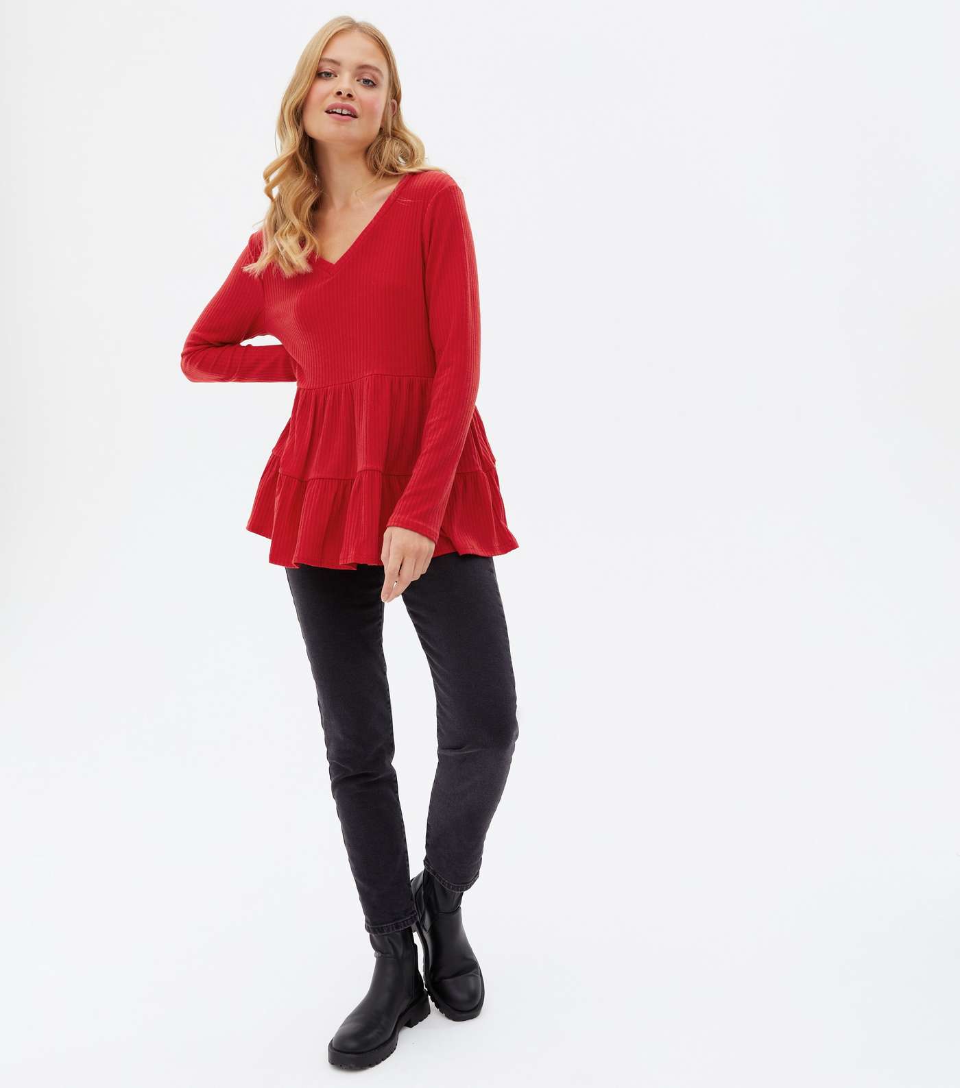 Red Ribbed Long Sleeve V Neck Peplum Top Image 2