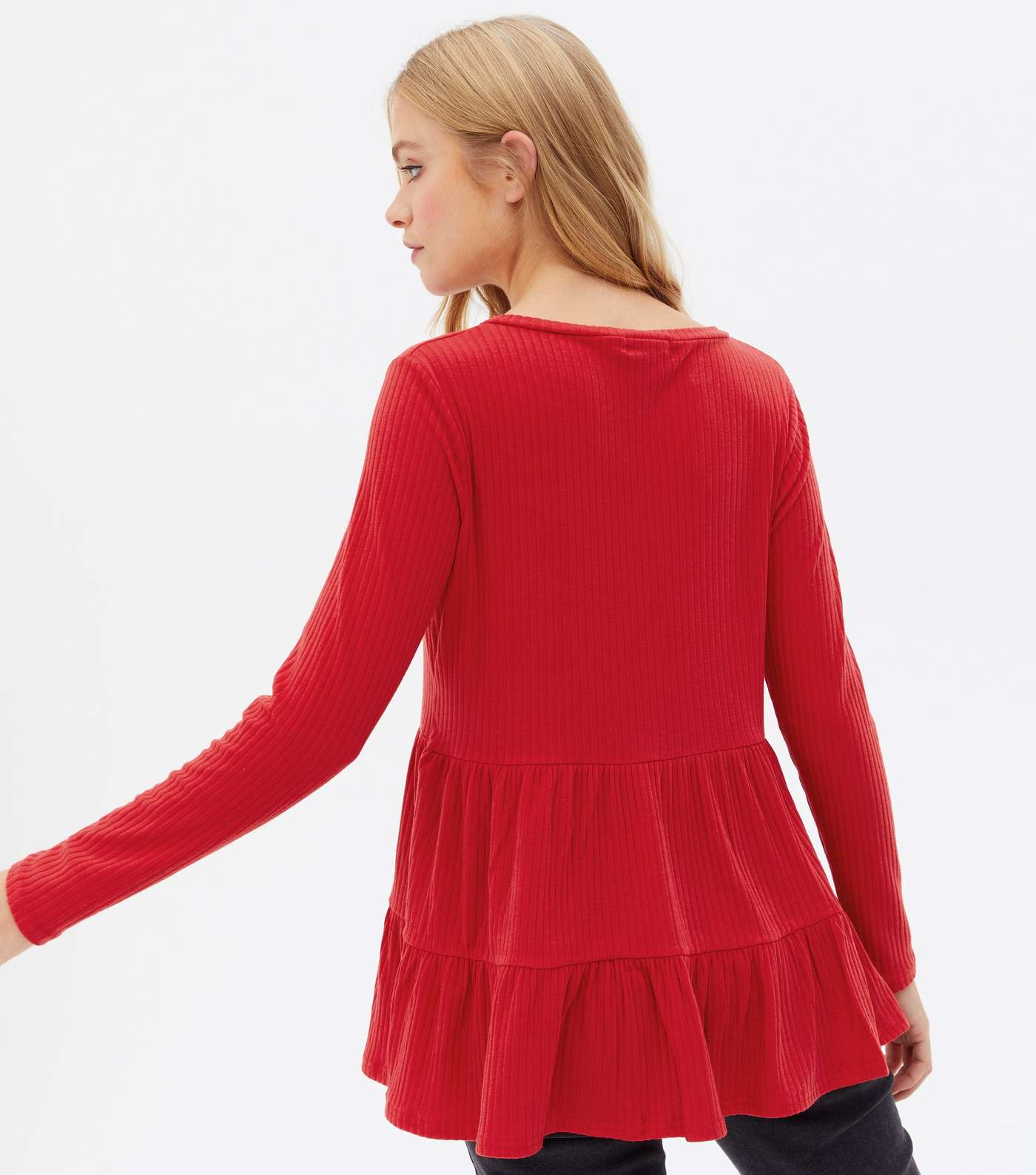 Red Ribbed Long Sleeve V Neck Peplum Top Image 4
