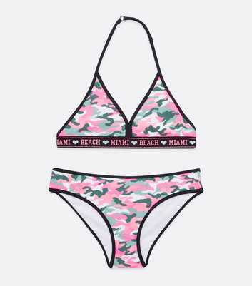 Girls Pink Camo Miami Tape Logo Bikini Set
