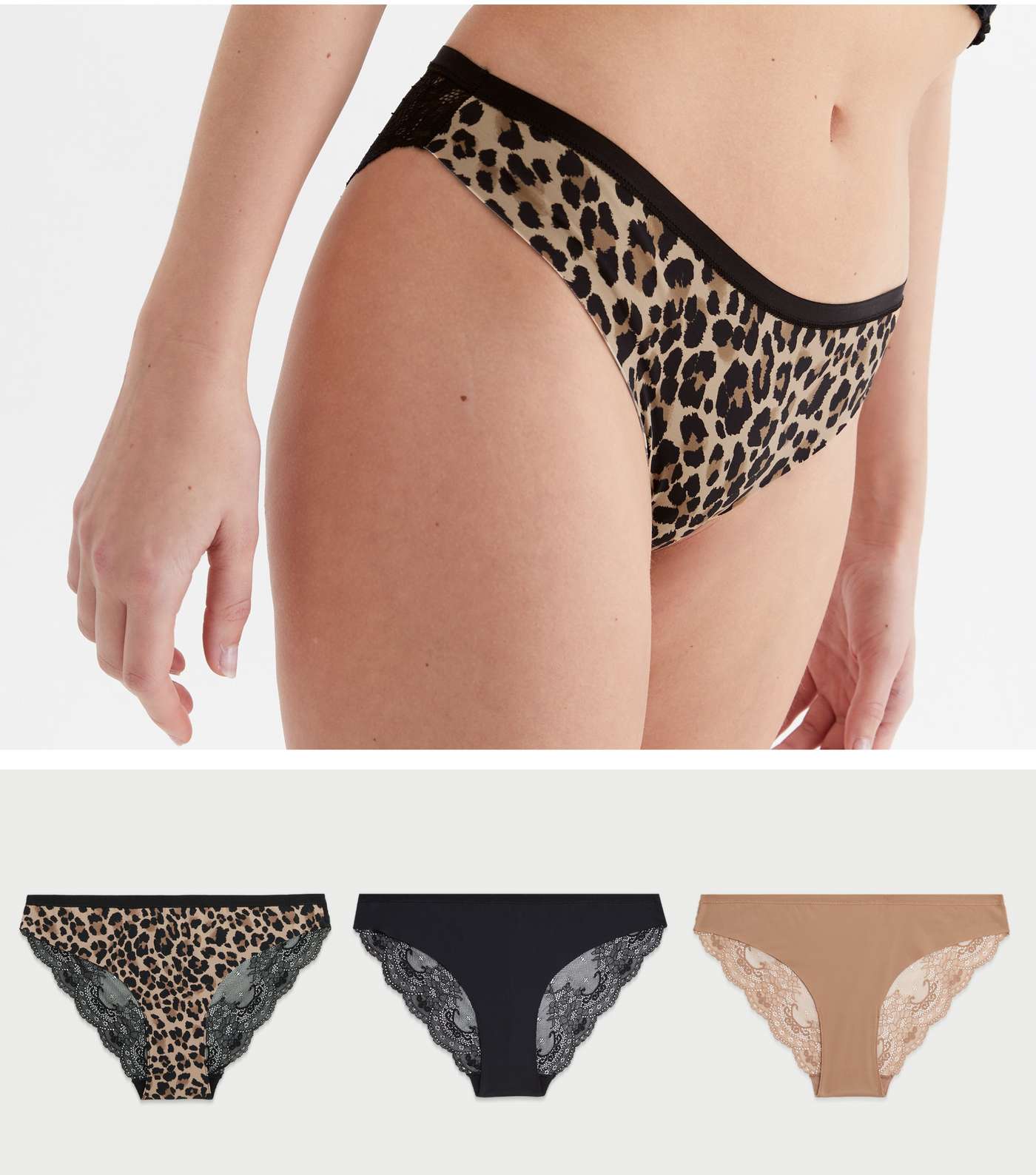 3 Pack Tan Black and Leopard Print Lace Seamless Brazilian Briefs