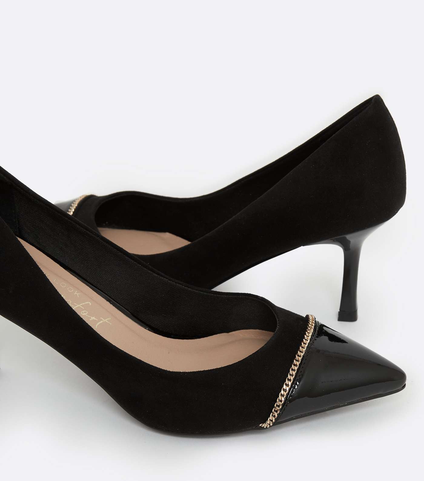 Black Suedette Chain Trim Stiletto Heel Court Shoes Image 3