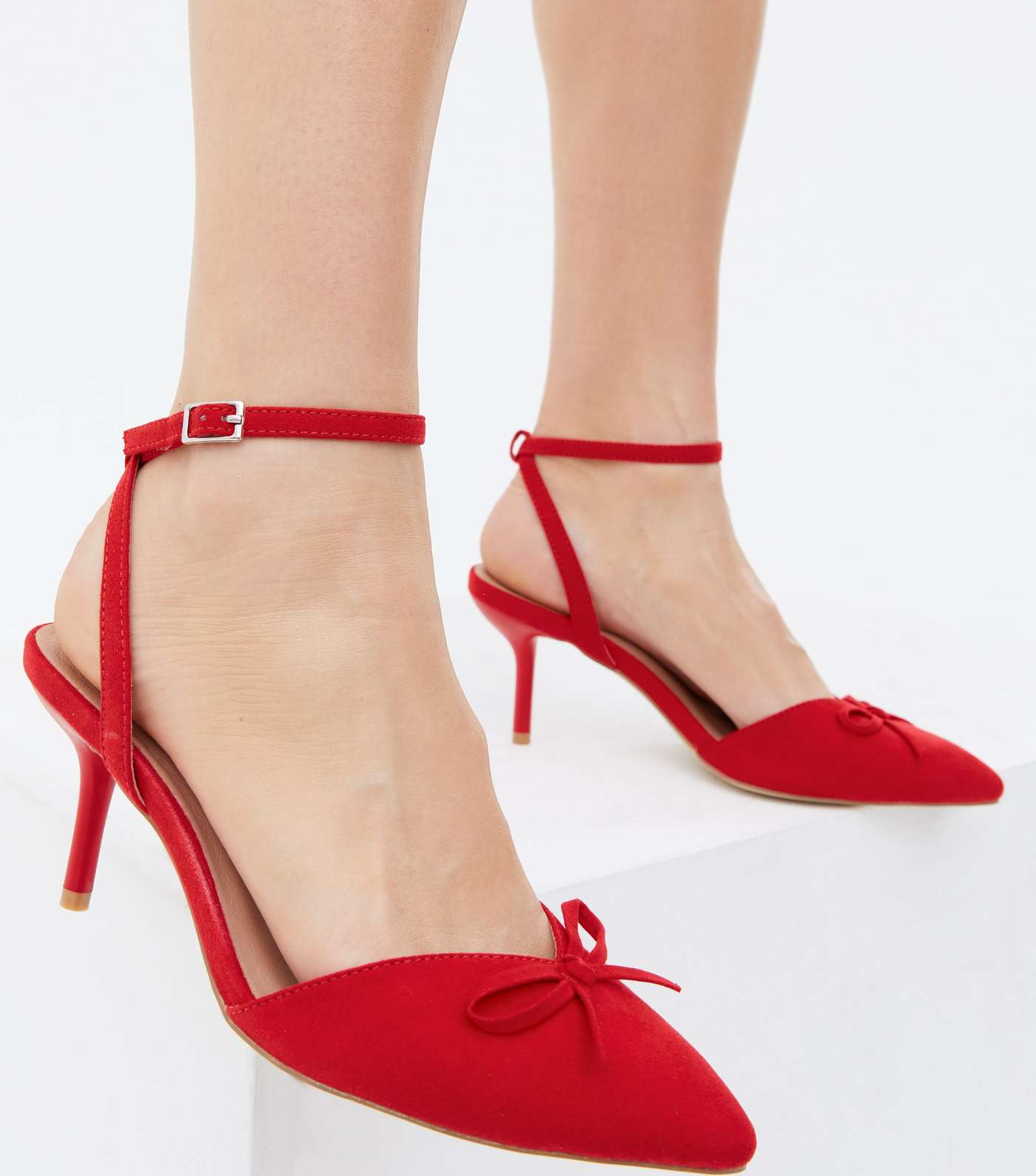 Wide Fit Red Suedette Bow Stiletto Heel Court Shoes Image 2