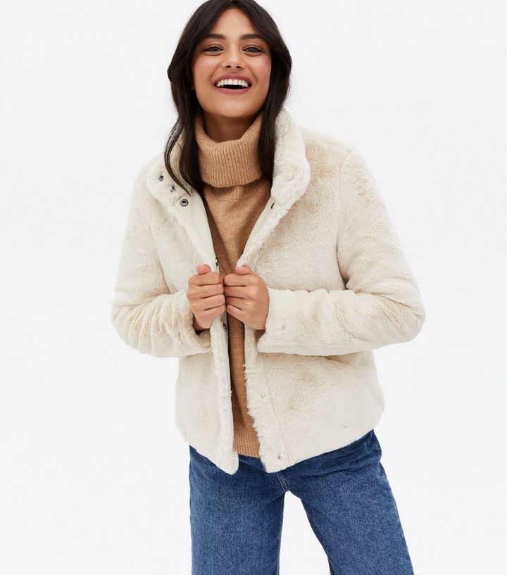 Only Cream Faux Fur High Neck Jacket, New Look Faux Fur Coat In Cream
