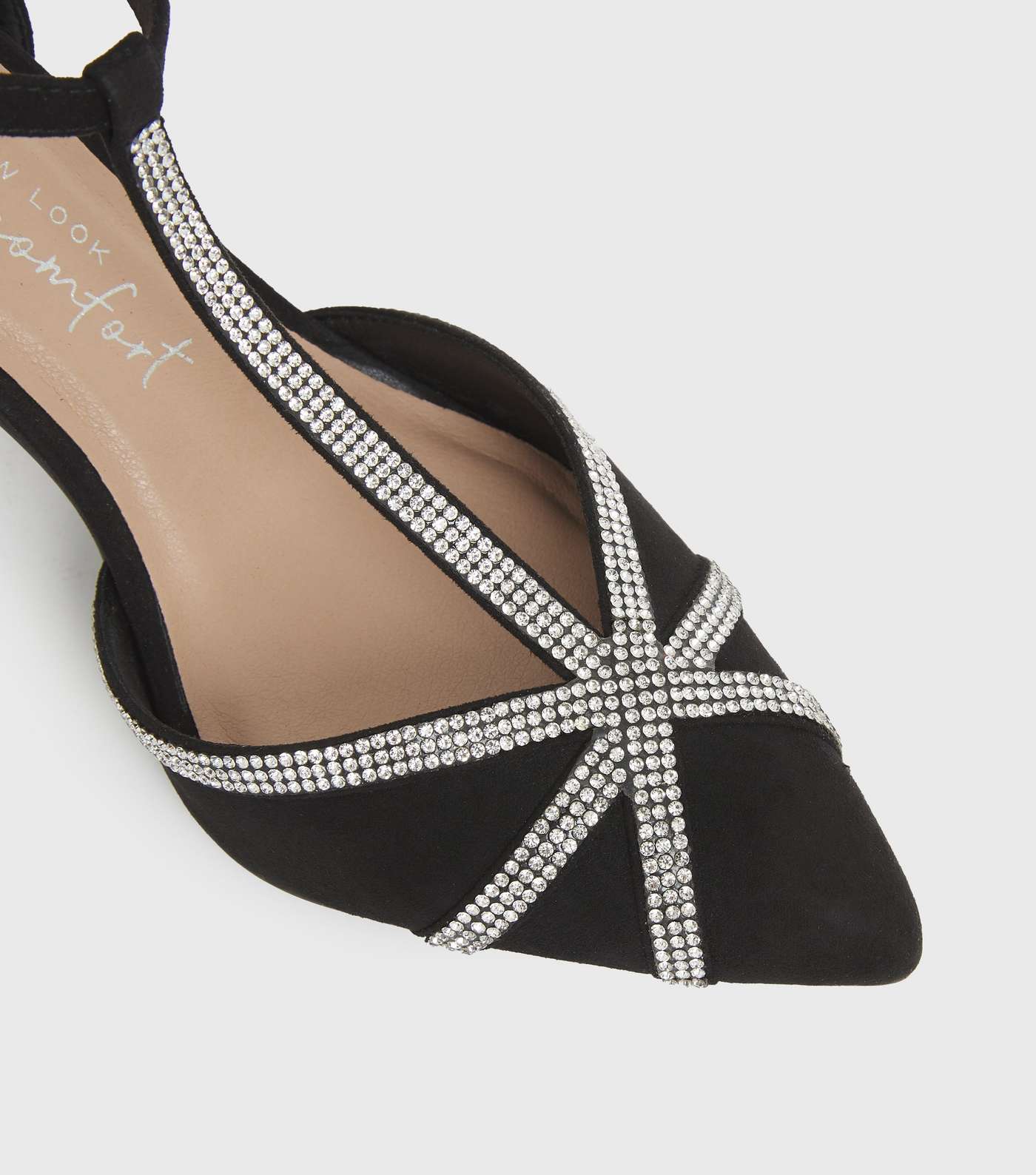 Wide Fit Black Diamanté T Bar Pointed Stiletto Heel Sandals Image 4