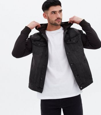 Black Denim Jersey Sleeve Hooded Jacket