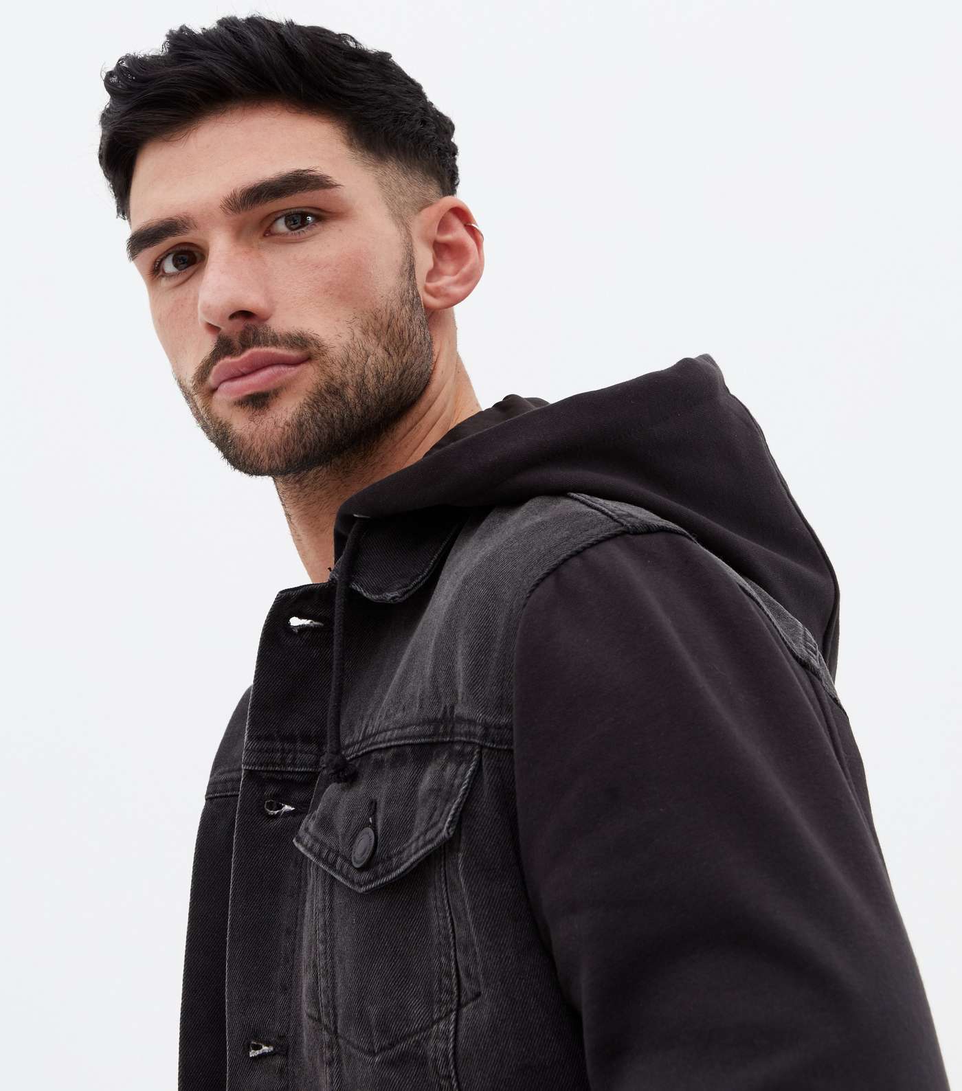 Black Denim Jersey Sleeve Hooded Jacket Image 3