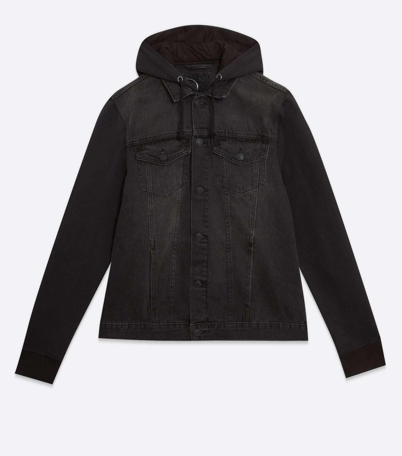 Black Denim Jersey Sleeve Hooded Jacket Image 5