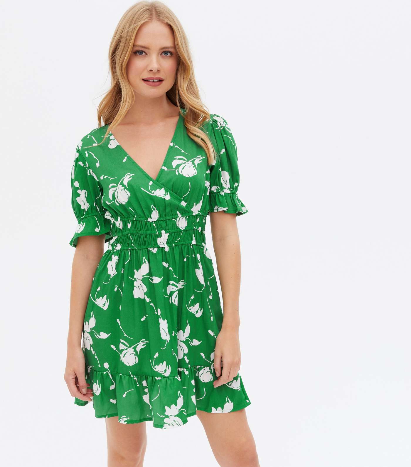 Wednesday's Girl Green Floral Mini Wrap Dress