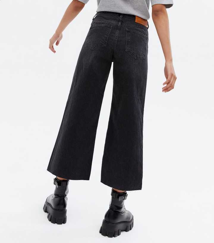 ONLY Black Frayed Wide Leg Crop Jeans | New Look
