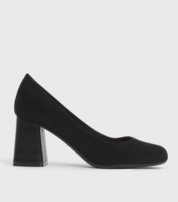 Black Suedette Block Heel Court Shoes | New Look
