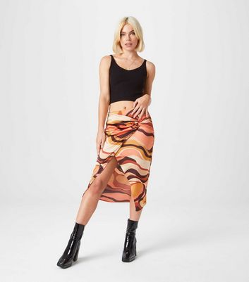 Urban Bliss Multicoloured Swirl Satin Knot Midi Skirt New Look