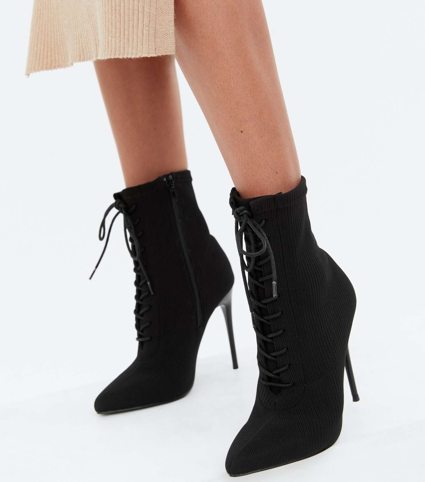 Black Knit Lace Up Stiletto Heel Ankle Boots Image 2