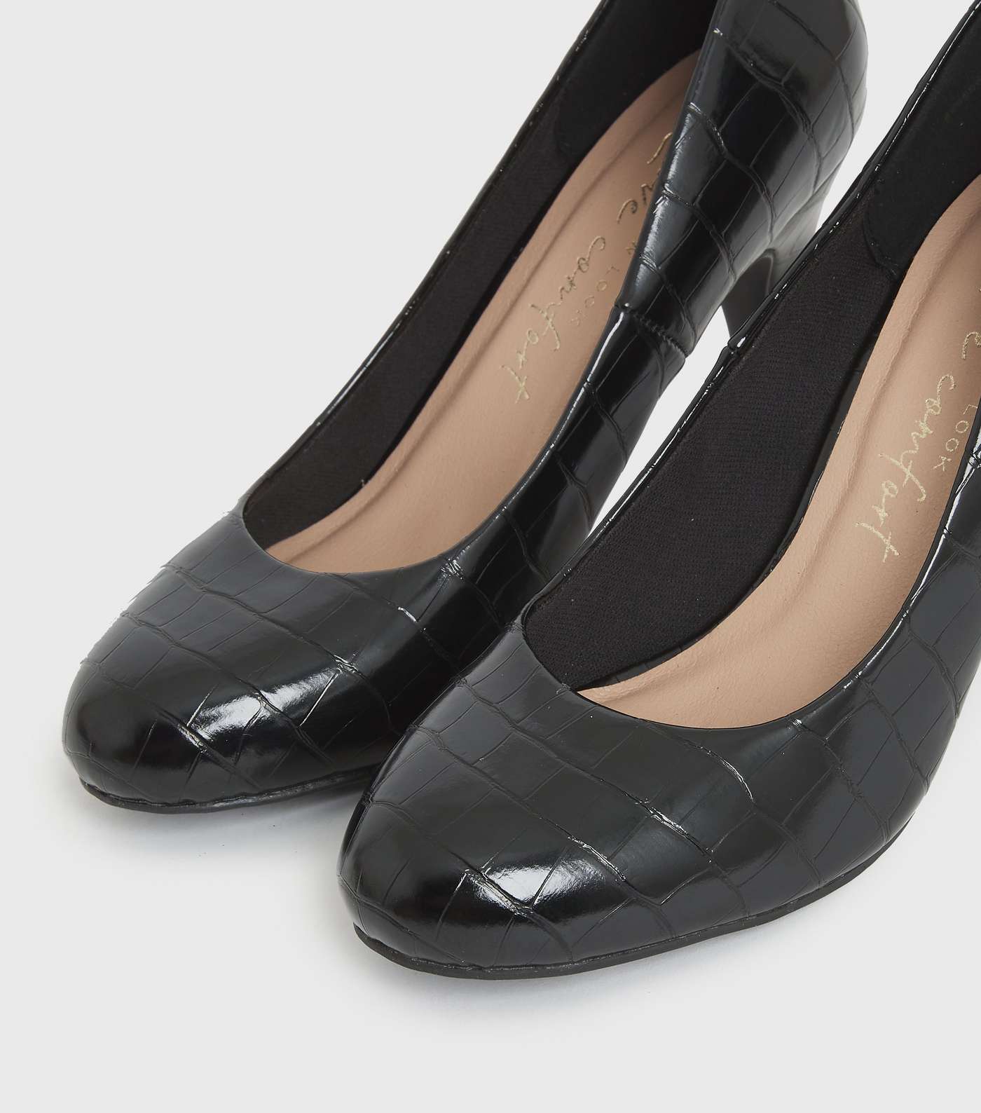 Black Faux Croc Stiletto Heel Court Shoes Image 3