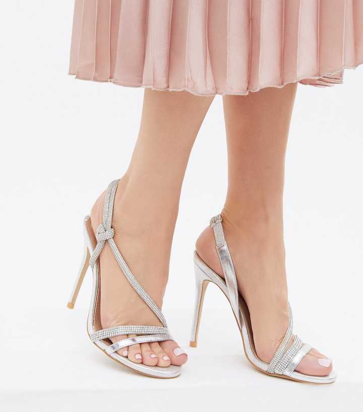 Silver Wide Fit Diamante Knot Mid Heeled Courts