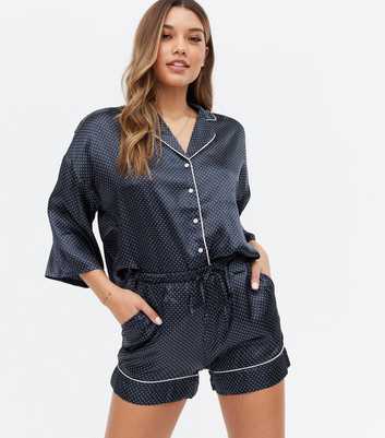 Vero Moda Navy Spot Satin Shirt and Short Pyjama Set