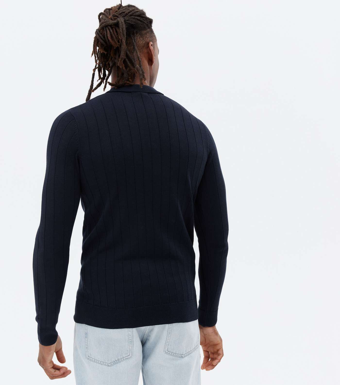 Navy Ribbed Fine Knit Long Sleeve Polo Top Image 4