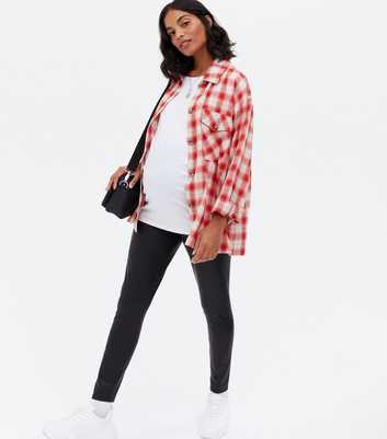 Curves Maternity Black Leather-Look Over Bump Leggings