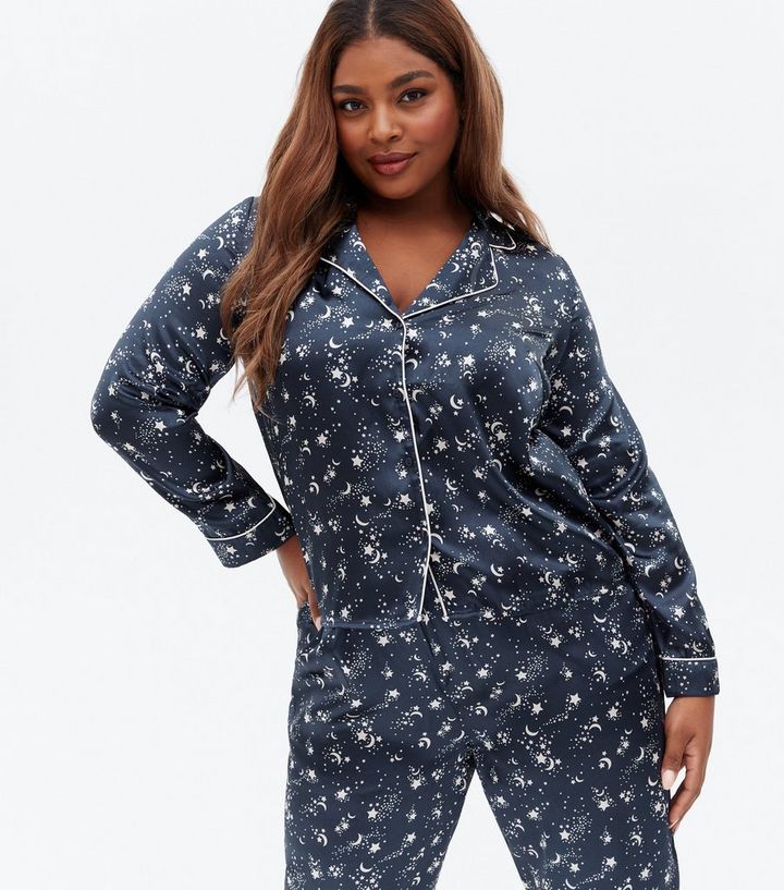 Leeg de prullenbak Aanpassen levering aan huis Vero Moda Curves Navy Star Satin Pyjama Shirt | New Look