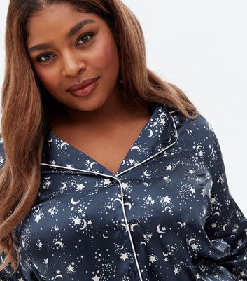 Vero Moda Curves Navy Star Satin Pyjama Shirt | New Look