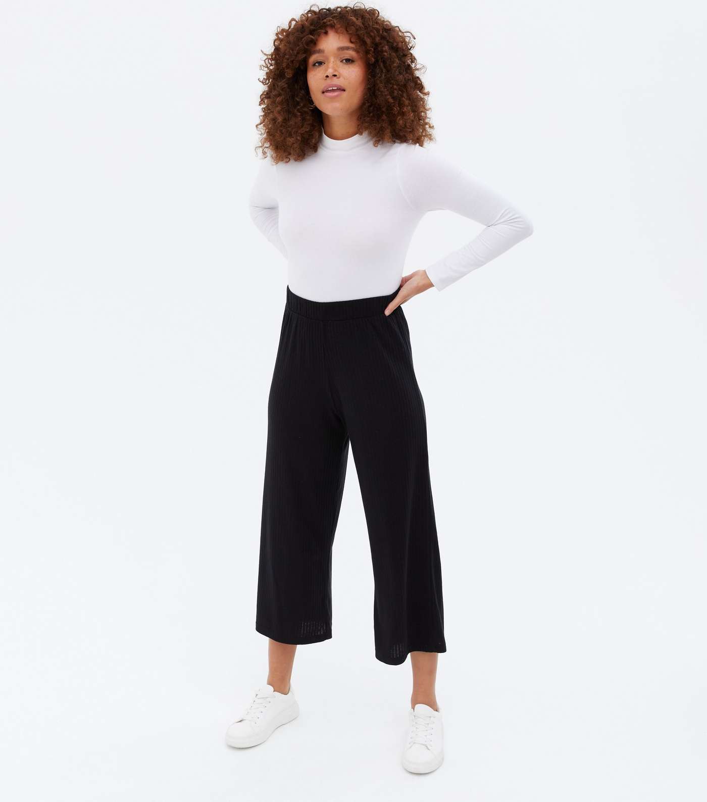 Black Ribbed Jersey Wide Leg Crop Trousers