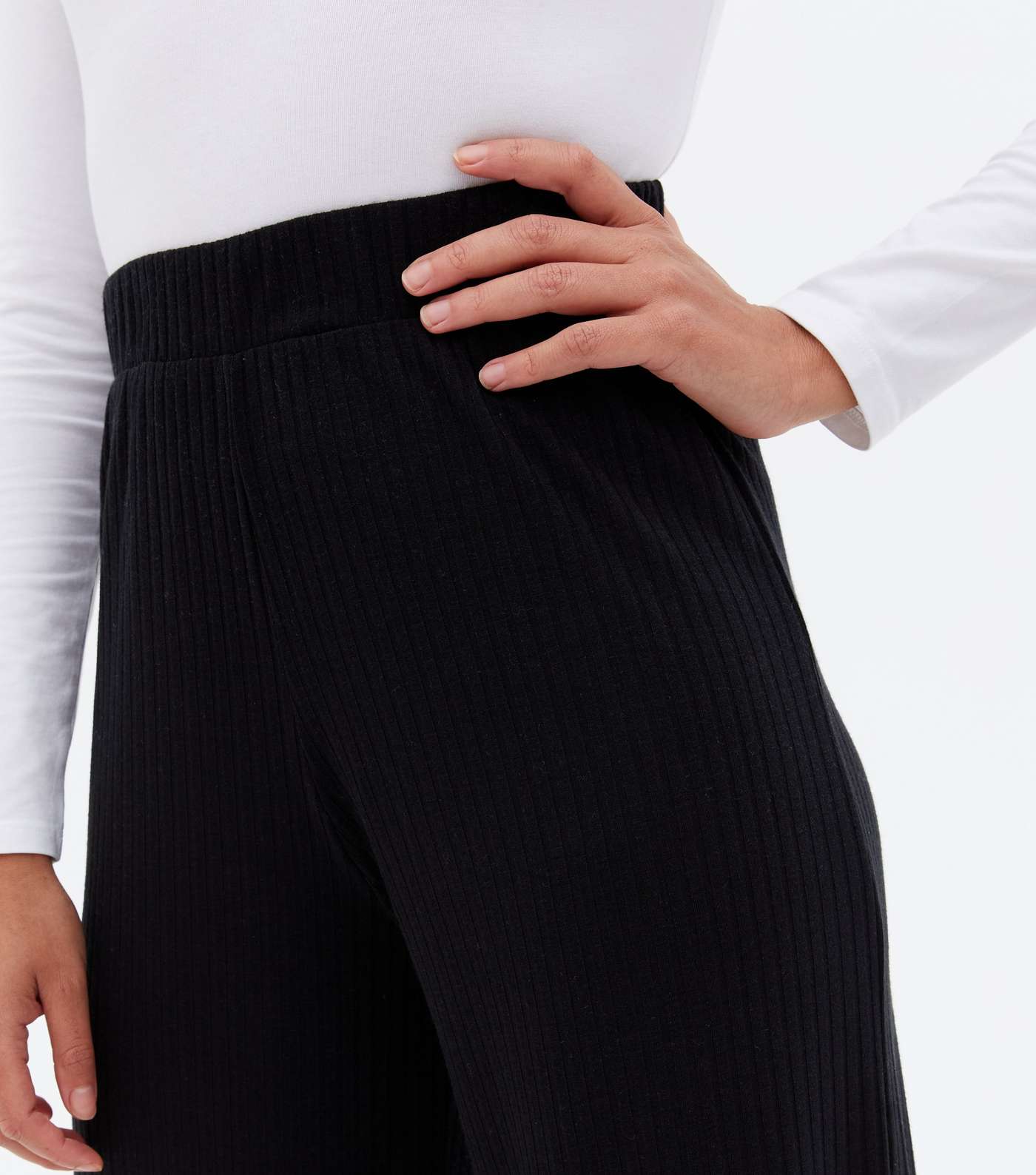 Black Ribbed Jersey Wide Leg Crop Trousers Image 3
