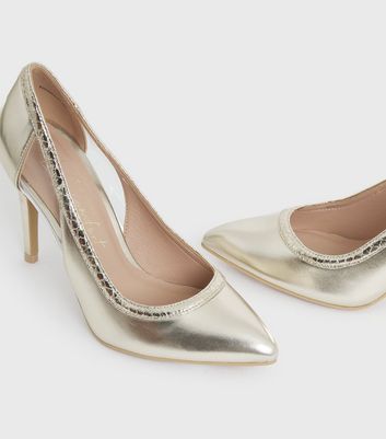 Gold court shoes mid heel sale